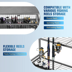 Large capacity rack holding multiple fishing rods, reels, tackle and gear