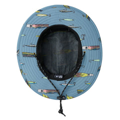 Pelagic Sunsetter bucket hat side view shows adjustable straps for secure fit in windy conditions.