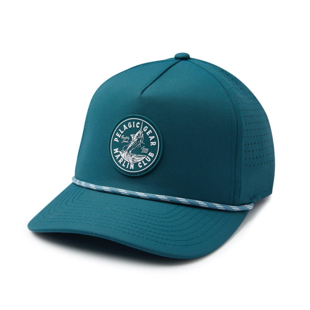 Pelagic Upswell Marlin Club mid crown trucker hat, front view, water-resistant fabric for all-day wear
