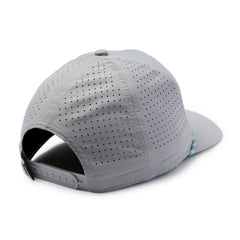 Pelagic Upswell Stick Em Mid Crown Trucker back view showing laser-cut venting and adjustable back.