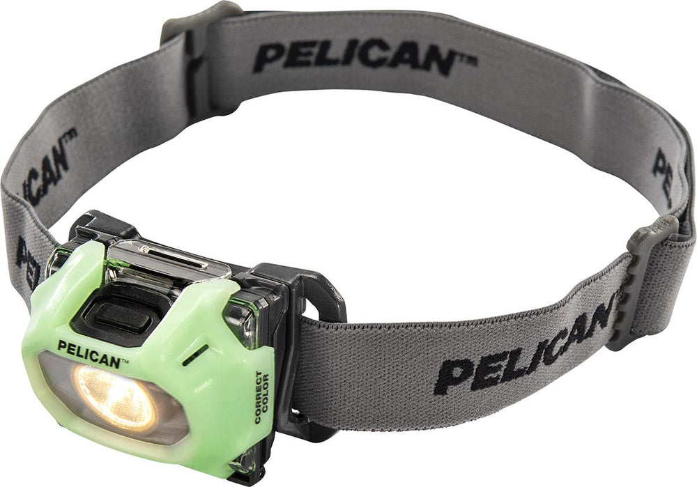Pelican 2750C LED headlamp with photo-luminescent body for nighttime visibility.