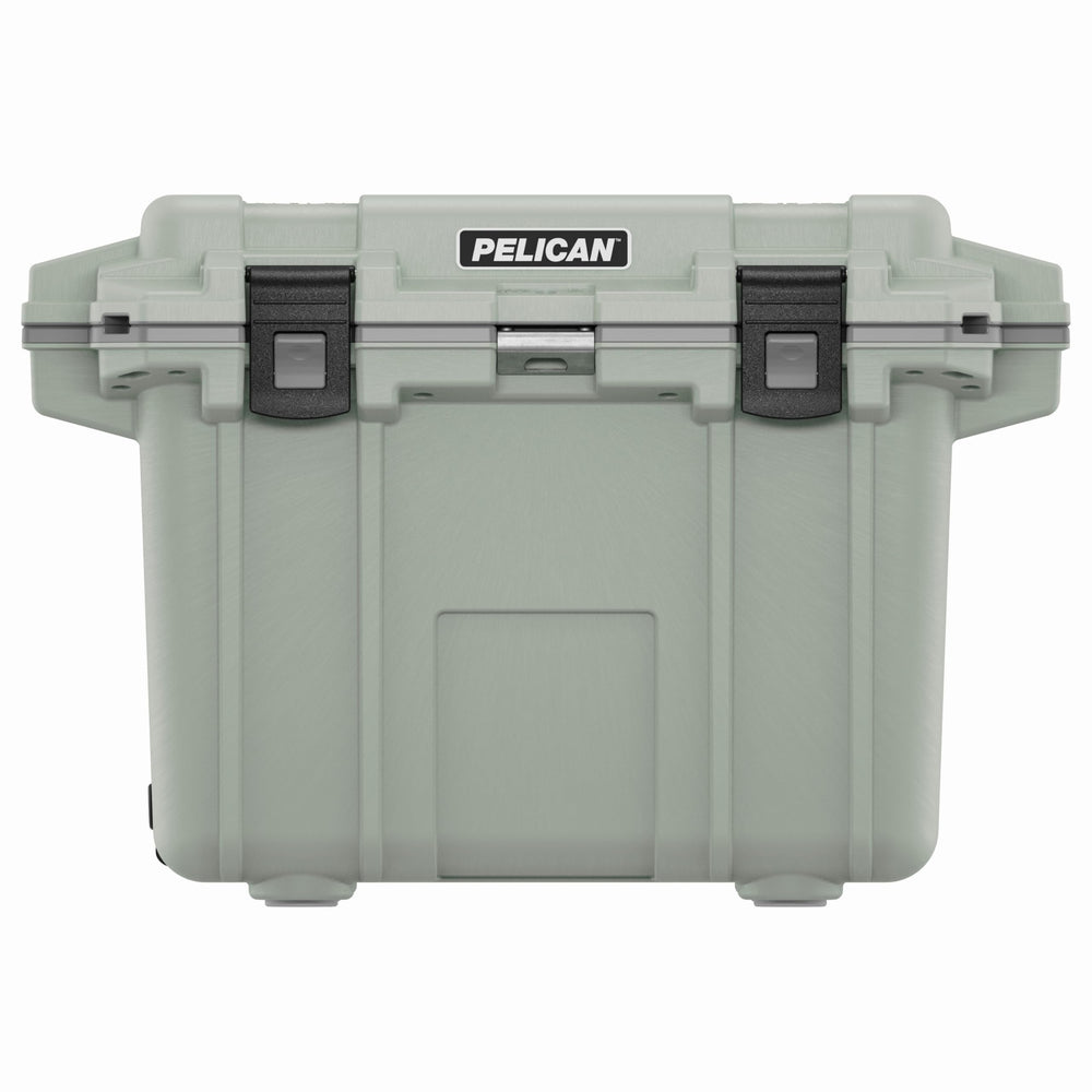Pelican 50 Quart Elite Cooler Sage/Gray front view for rugged outdoor use.