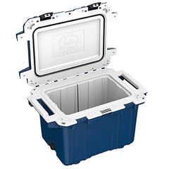 Pelican 50 Quart Elite Cooler in midnight blue highlights extreme ice retention for camping or boating.