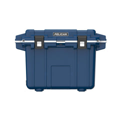 Pelican 50 Quart Elite Cooler in midnight blue demonstrates secure press and pull latches for rugged use.