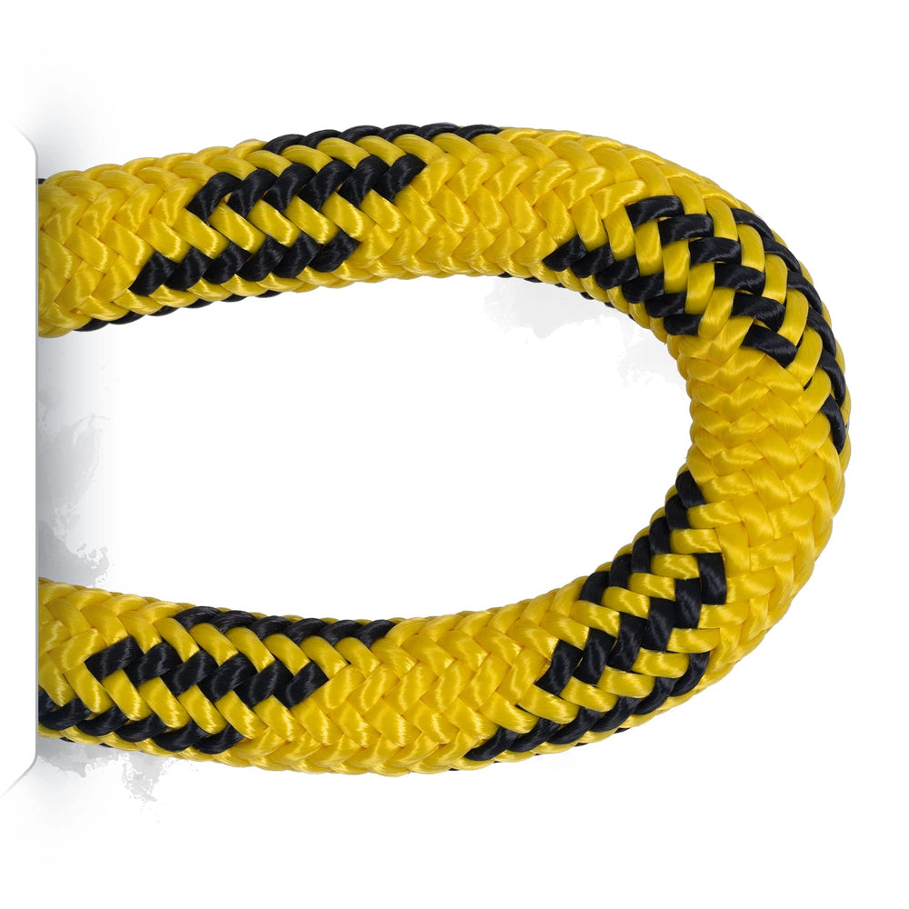 Pelican Rope Arborist-24 eye-splice 120ft yellow black shows durable end detail for tree work