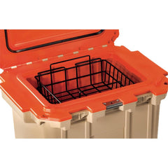 Pelican wire basket mounted in Elite 80 QT cooler demonstrates corrosion-resistant powder-coated frame.