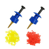Front view of 2X Pellet Bander Tool with 600 bait bands – blue