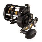 Penn Fathom II level wind reel side view, showcasing durable full-metal construction for tough seas.