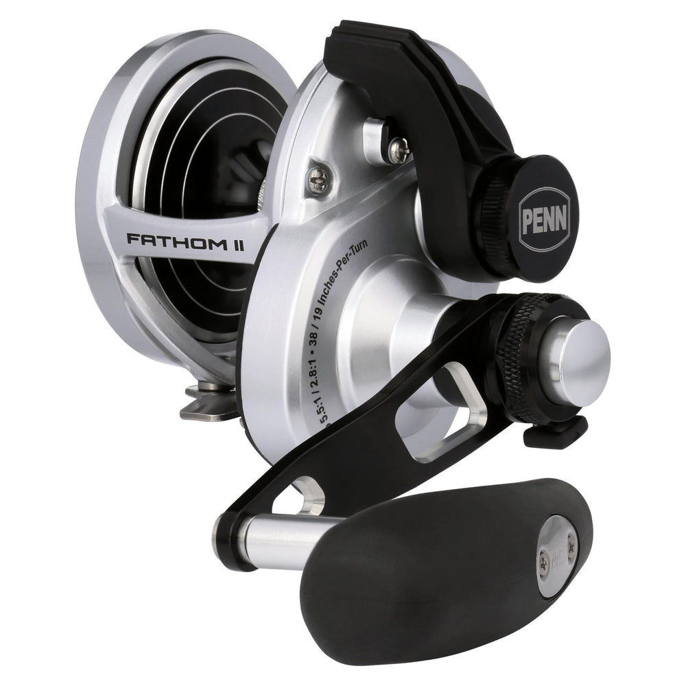 PENN Fathom II lever-drag reel with 2-speed action for smooth big-game retrieves.