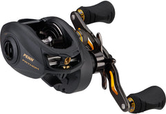 PENN Fathom low profile reel, black and gold, for smooth saltwater casting and reliable performance.