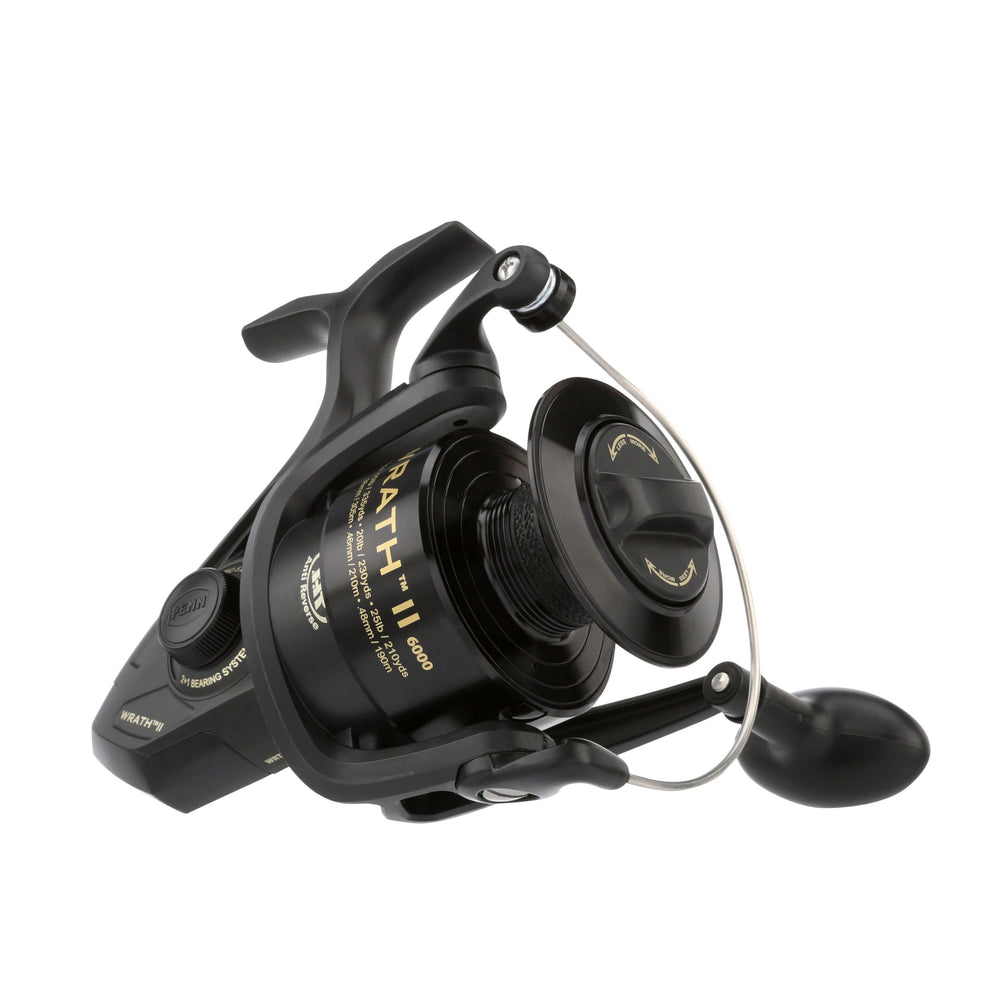 PENN Wrath II reel body highlights lightweight corrosion-resistant graphite for durable saltwater use.
