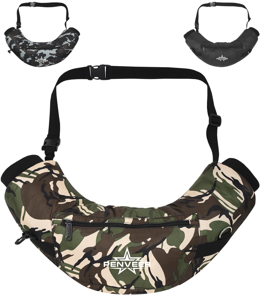 Penveer Hunting Hand Warmer Pouch front view in green camo with secure waist strap