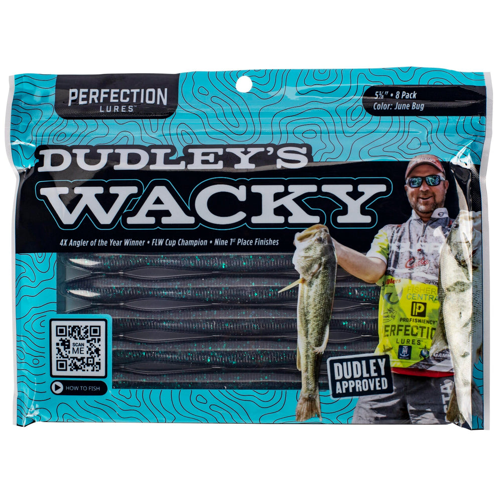 Perfection Lures Dudley's Wacky Worm Junebug slow fall action for bass.