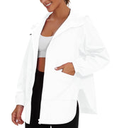 PESION women white rain jacket with hood on model showing outdoor-ready fit.