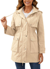 PESION women's long rain jacket with removable hood in khaki for versatile rain protection.