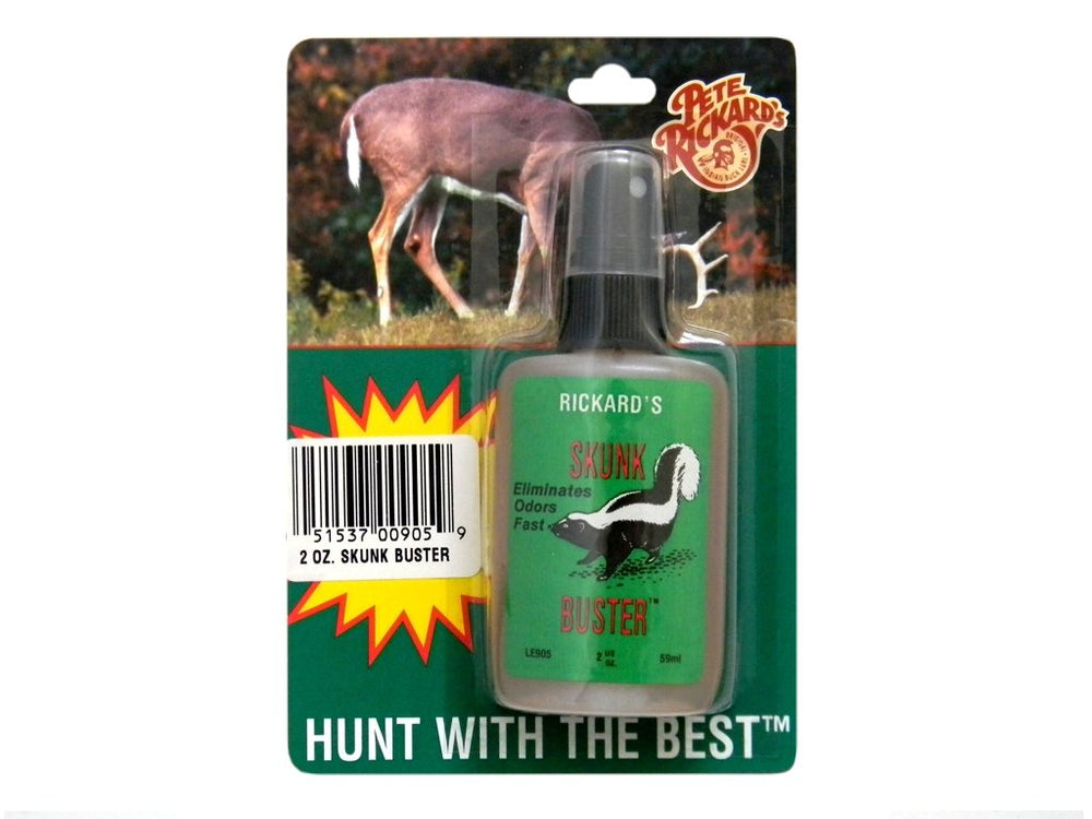 Pete Rickard Skunk Buster odor destroyer bottle neutralizes odors on contact.
