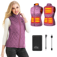 PETREL heated vest for women with battery pack shown during chilly morning commute.