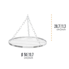 Petromax cooking tripod setup with grate and chains for adjustable flame distance.