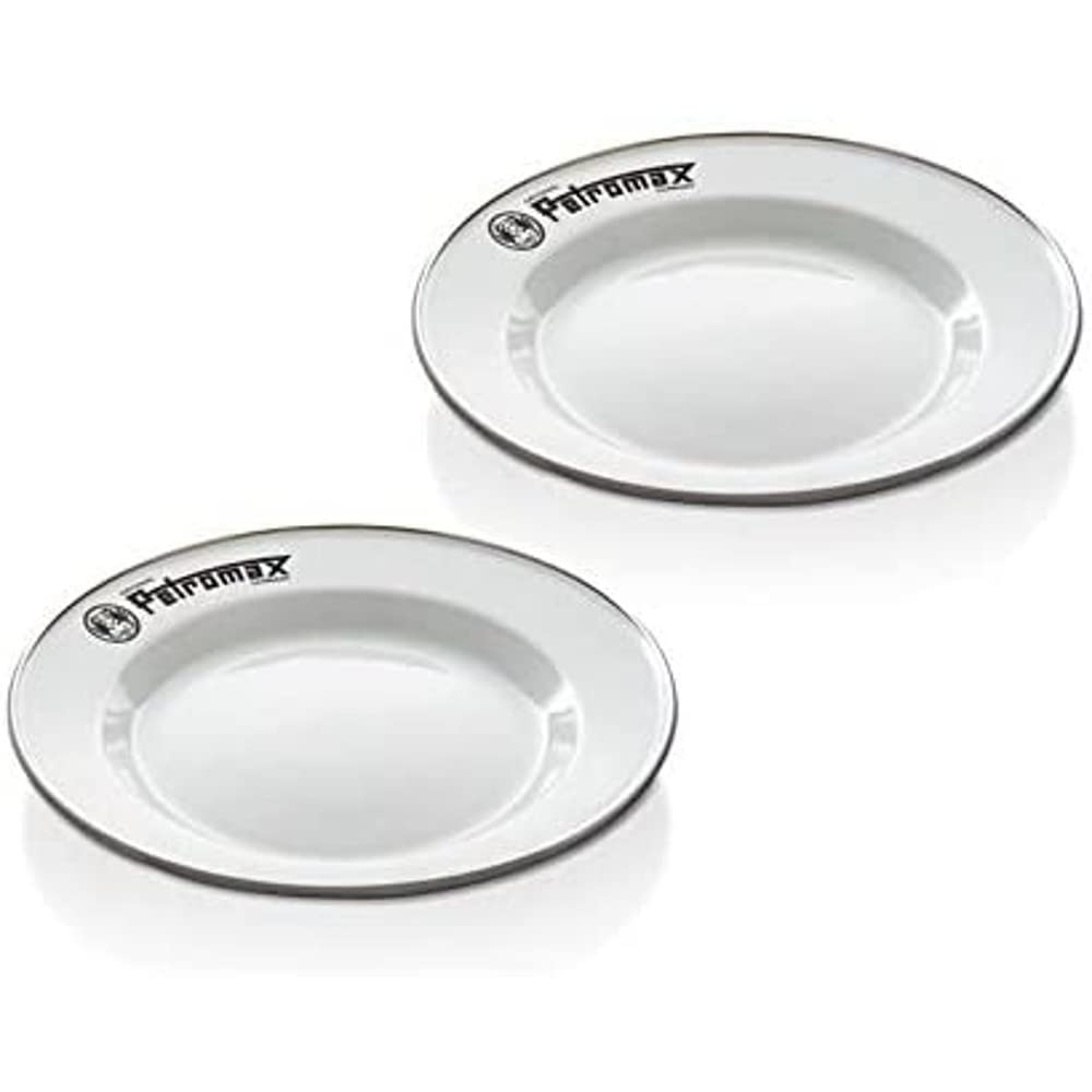 Petromax enamel plate set in white, 8.6-inch, lightweight for camping meals.