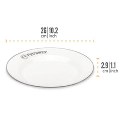 Petromax enamelware plate showing stainless steel rim for durable camping use