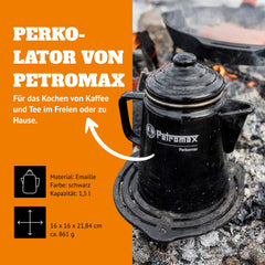 Petromax percolator over campfire brewing rich coffee in outdoor setting.