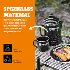 Petromax percolator pouring hot beverage into a cup.