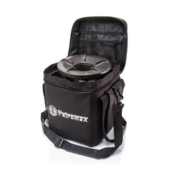 Petromax Rocket Stove Bag with reinforced handles and removable shoulder strap for easy transport.