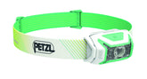 Petzl ACTIK CORE front view in green for hands-free hiking visibility
