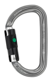 Petzl AM'D Ball-Lock carabiner front view highlights a lightweight gray body for easy handling.