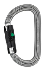 Petzl AM'D Ball-Lock carabiner front view highlights a lightweight gray body for easy handling.