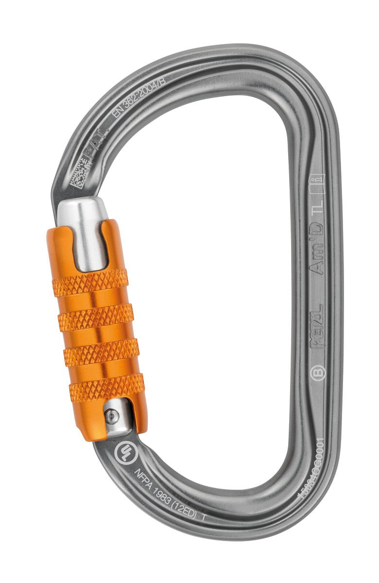 Petzl Am'D gray carabiner with snag-free clipping for smooth belay setups.