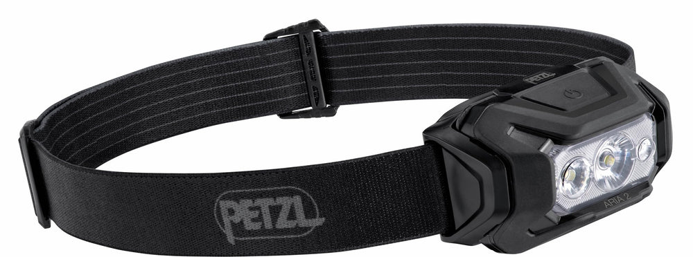 Petzl ARIA 2 RGB headlamp front view highlights compact, bright output for hands-free tasks