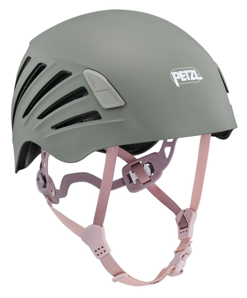 Petzl Borea ponytail-compatible helmet on climber during ascent for long hair management