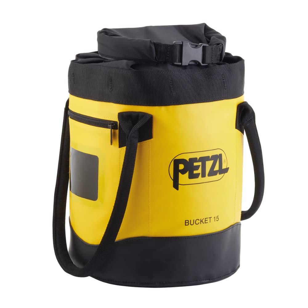 Petzl Bucket rope bag 15L yellow keeps rope organized during climbs.