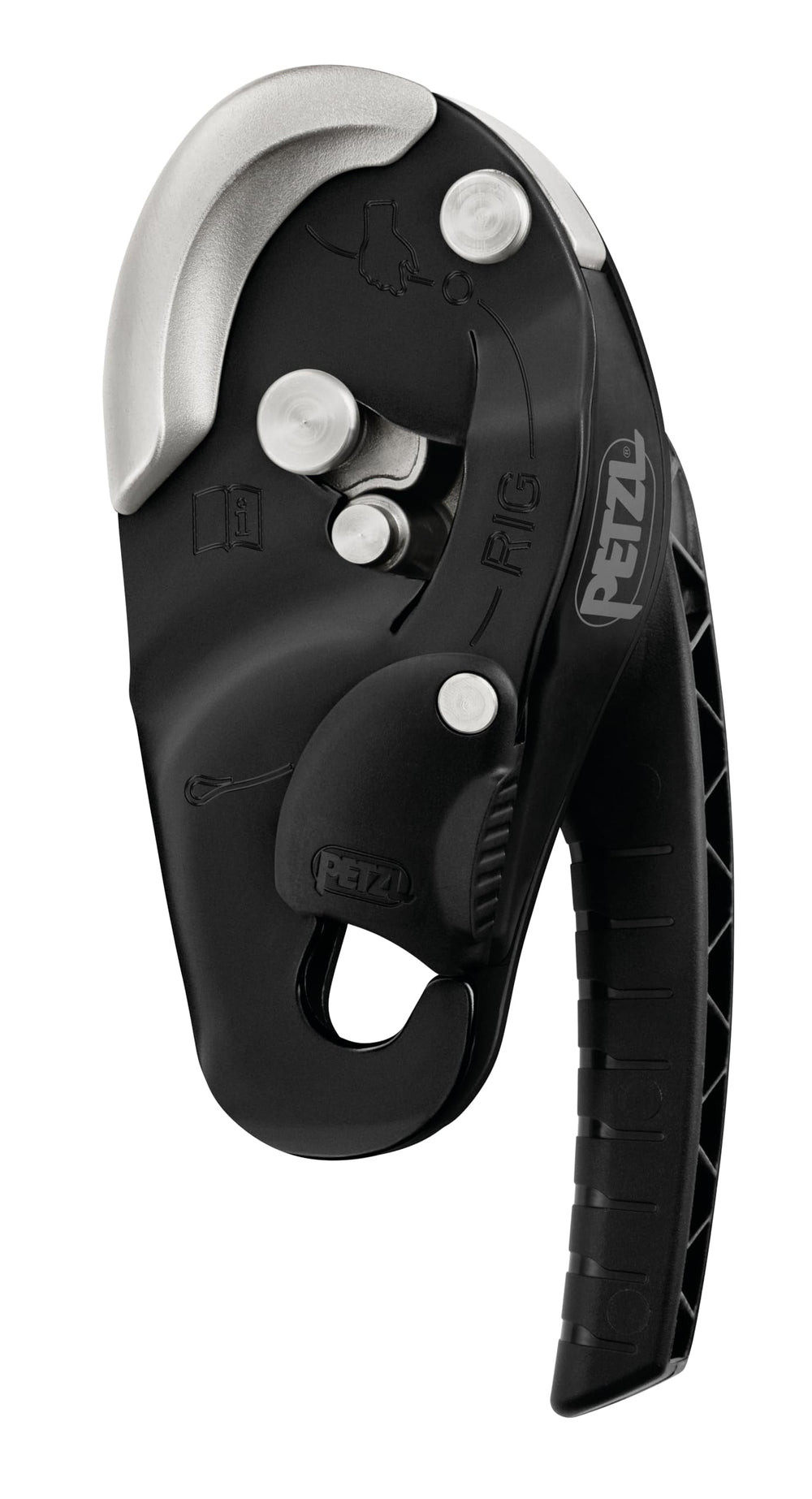 Petzl Descender Rig Black compact self braking design enables controlled descent.