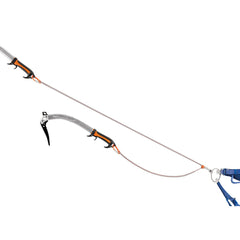 Petzl Elastic Leash V-Link Grey stretched ready for dynamic ice tool handling on ascent.