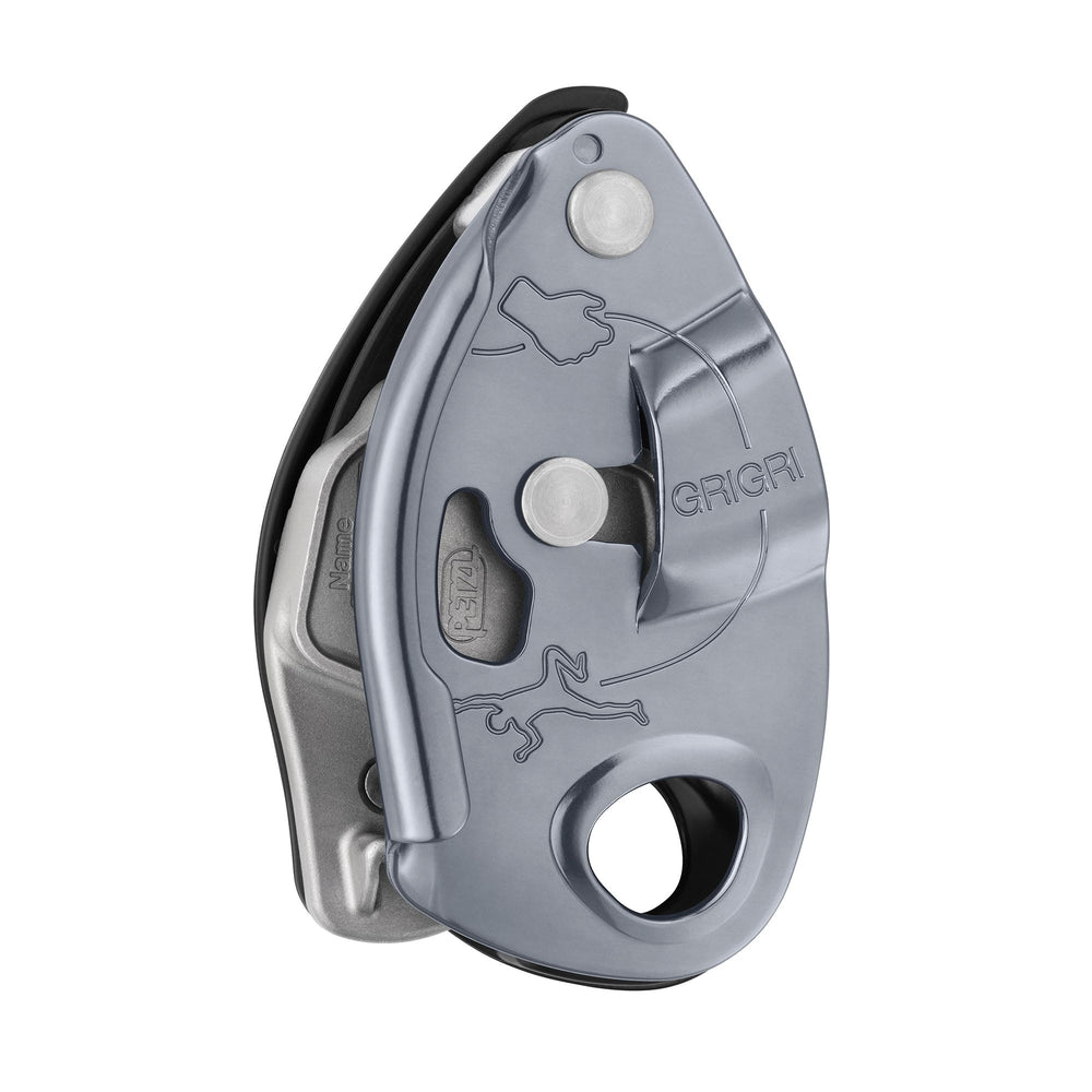 PETZL Grigri belay device in gray, front view, secure assisted blocking for climbers.