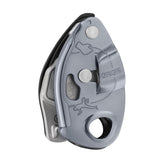 PETZL Grigri belay device in gray, front view, secure assisted blocking for climbers.