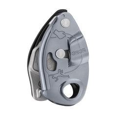 PETZL Grigri belay device in gray, front view, secure assisted blocking for climbers.