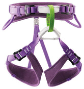 Petzl Macchu violet sit harness with visual safety loop for quick belay checks.
