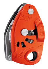 Petzl Neox belay device front view with cam-assisted blocking for lead climbing.