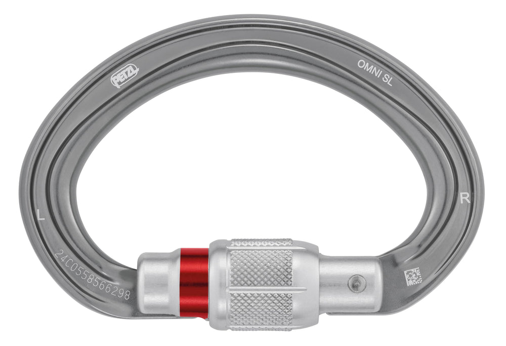 Petzl Omni carabiner screw-lock secures harness connections in rugged environments.