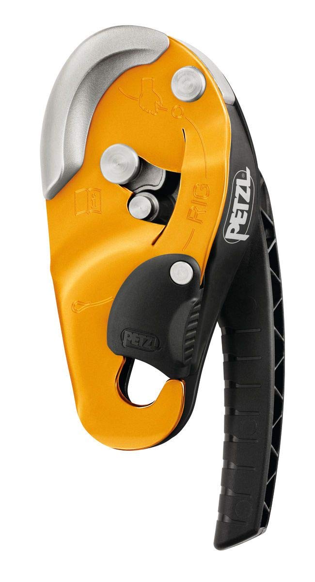 PETZL RIG descender handle release for smooth rope control in field use.
