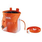 Petzl Sakapoche front view in orange and white for quick chalking.