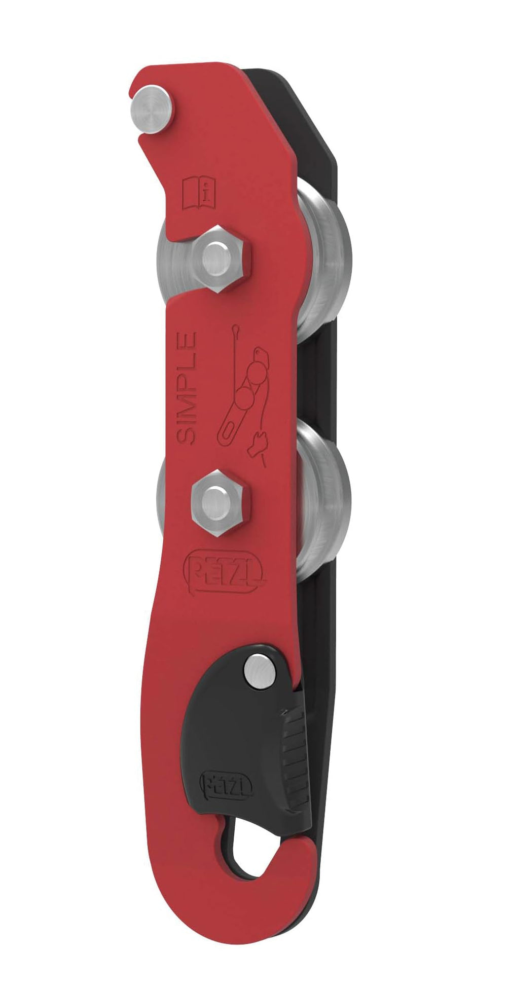 PETZL Simple bobbin-style descender in red, lightweight for tight caves.