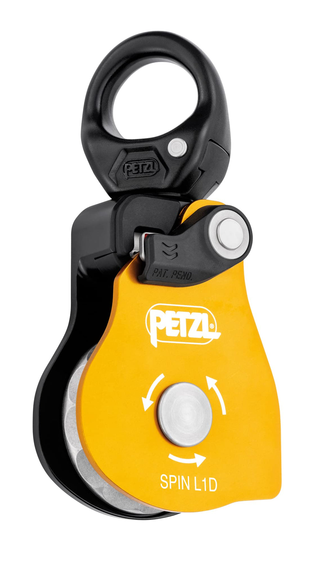 Petzl Spin L1D pulley with open side plate for anchored rope setup and easy threading