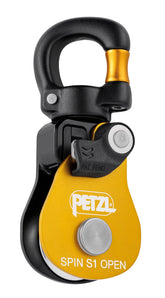 Petzl Spin S1 yellow pulley front view highlighting compact efficiency for rope work
