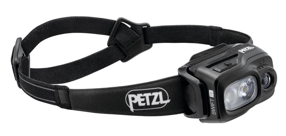 Petzl Swift RL headlamp front view showing 1100 lumens for clear trail visibility.