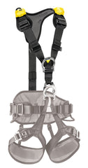 PETZL TOP chest harness shoulder detail showing fall-arrest lanyard storage feature
