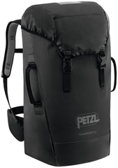 PETZL Transport 60L backpack in black, durable for rugged outdoor use.